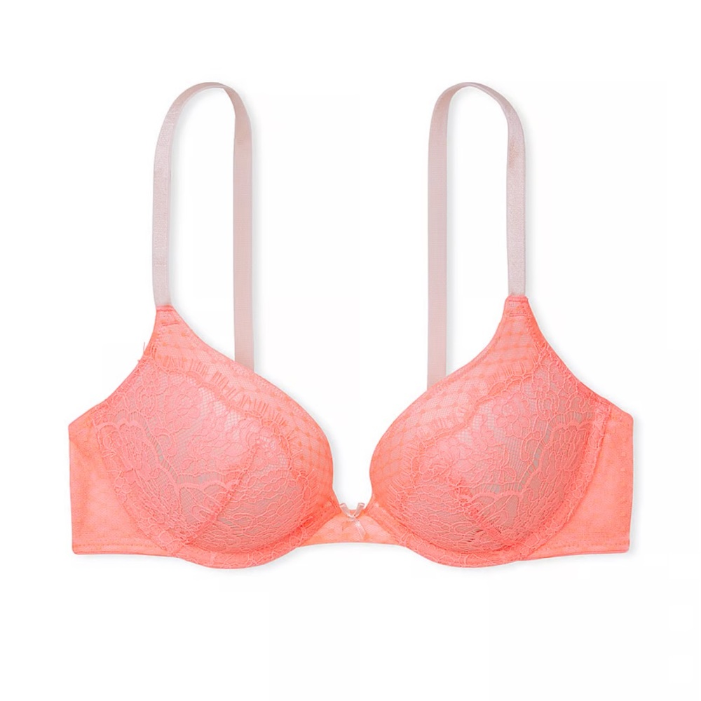 Victoria's Secret Dream Angels Neon Coral Lace Push-up Bra